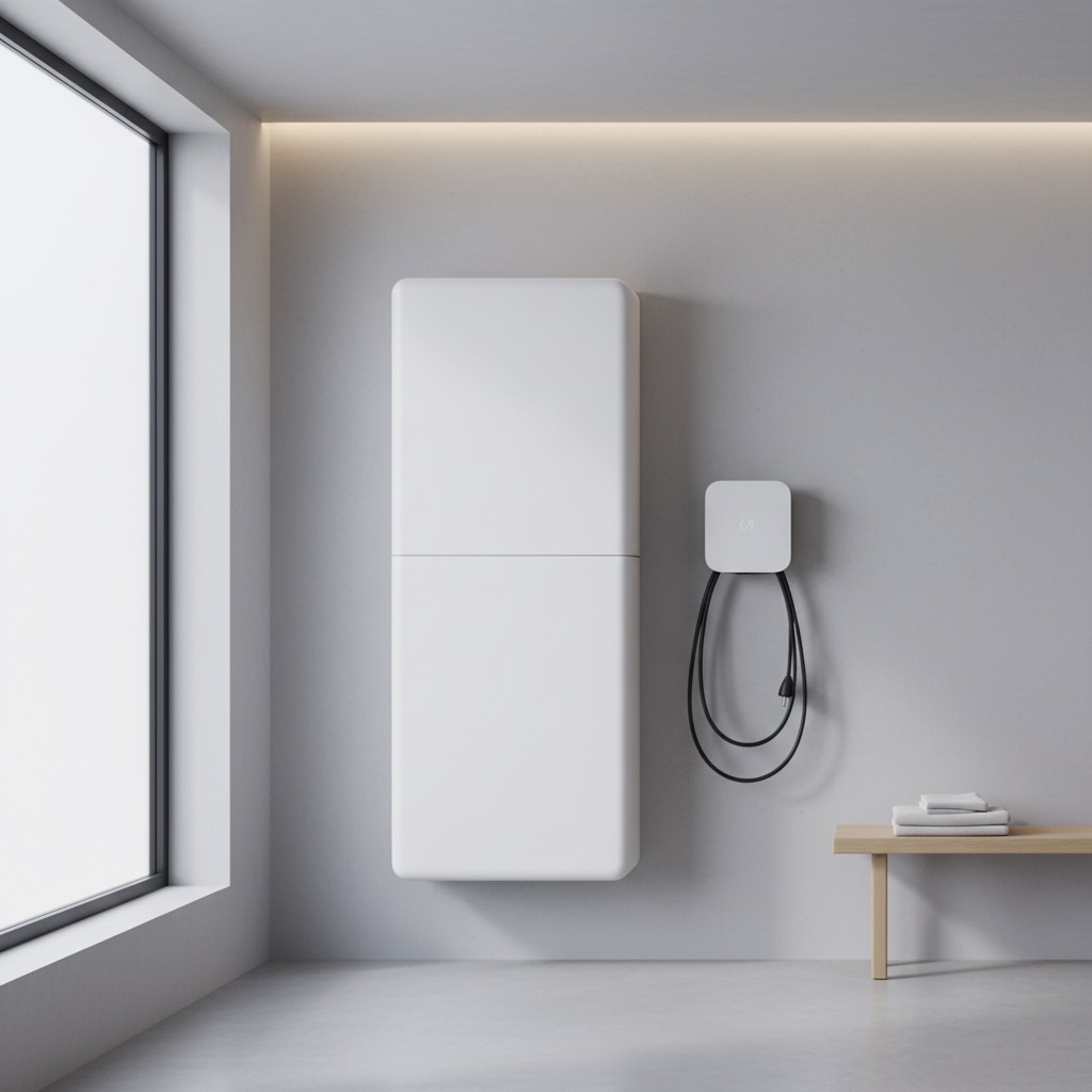 A modern home battery and EV charger in a bright utility room