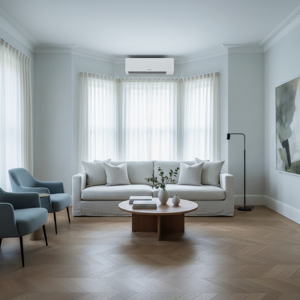 A cool, calm British bedroom with discreet air conditioning